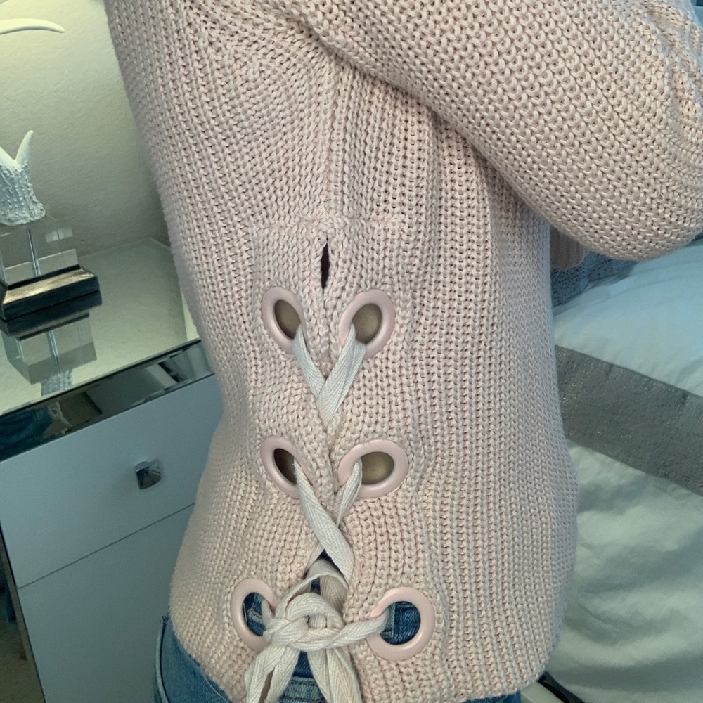 Pink crew neck knit sweater with eyelet lace - Picture 2 of 3